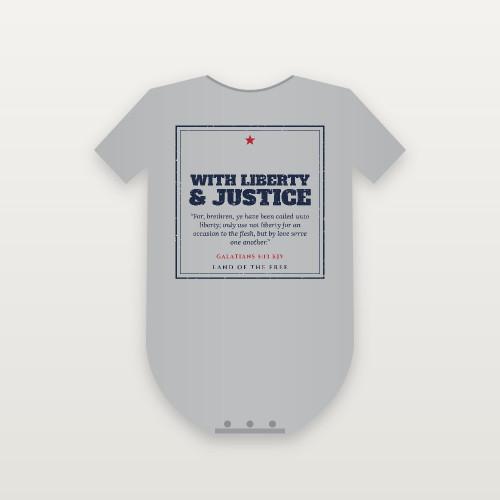 With Liberty & Justice Patriotic Baby Bodysuit with Galatians 5:13 (Vintage Frame) - Heather Gray