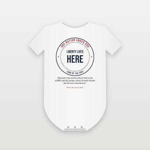 Liberty Lives Here Patriotic Baby Bodysuit with Psalm 33:12 (Badge) - White
