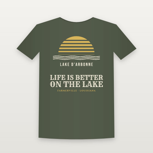 Life Is Better on Lake D'Arbonne Women's Relaxed Tee (Retro Sunset) - Military Green