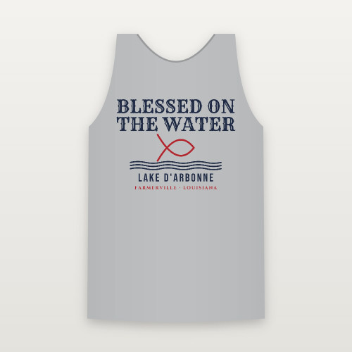 Blessed on the Water Lake D'Arbonne Tank Top (Fish & Waves) - Heather Gray