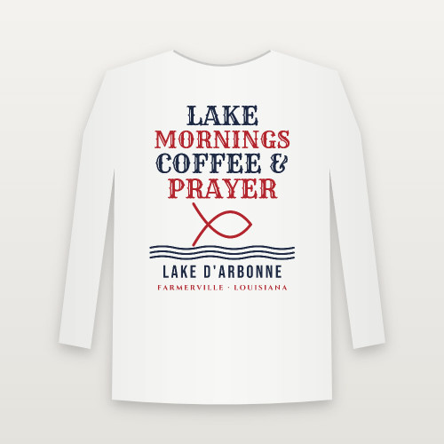 Lake Mornings · Coffee & Prayer Lake D'Arbonne Youth Long Sleeve Tee (Fish & Waves) - White