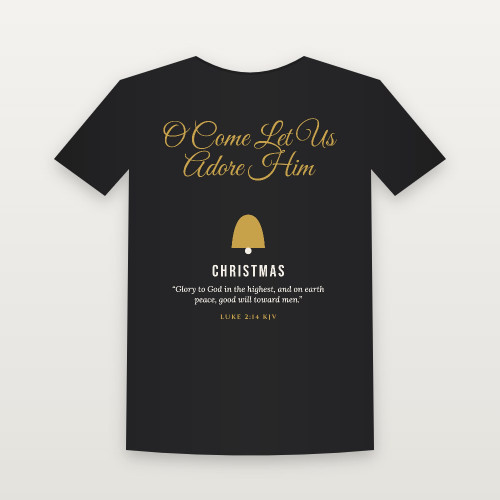 O Come Let Us Adore Him Christmas Christian Women's Relaxed Tee with Luke 2:14 (Holiday Script) - Black