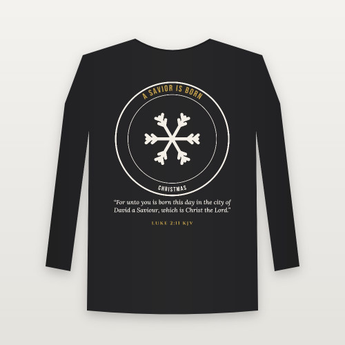 A Savior Is Born Christmas Christian Long Sleeve Tee with Luke 2:11 (Emblem Badge) - Black