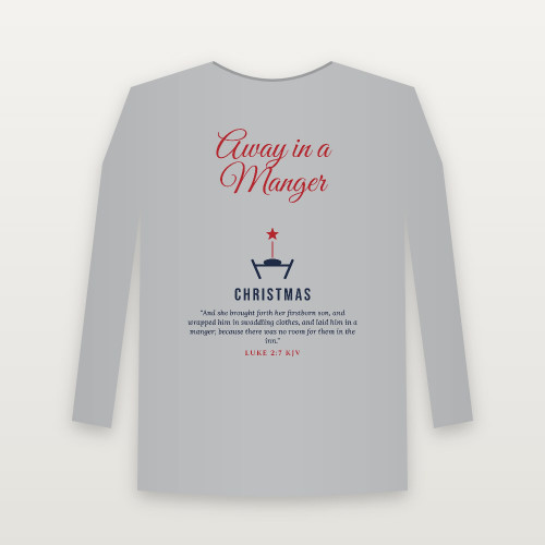 Away in a Manger Christmas Christian Long Sleeve Tee with Luke 2:7 (Holiday Script) - Heather Gray