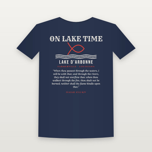 On Lake Time Lake D'Arbonne Short Sleeve Tee with Isaiah 43:2 (Fish & Waves) - Navy