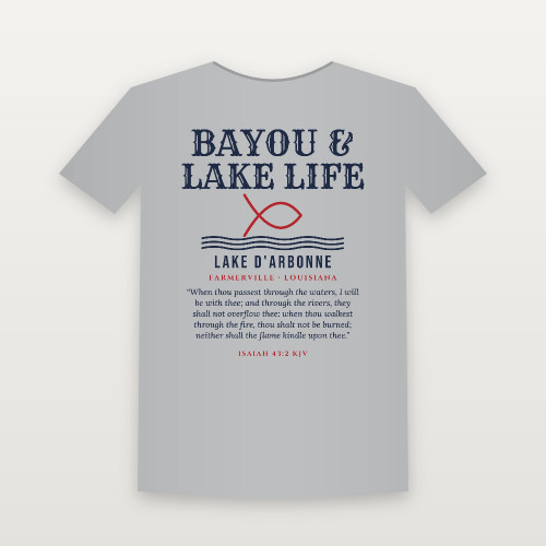 Bayou & Lake Life Lake D'Arbonne Short Sleeve Tee with Isaiah 43:2 (Fish & Waves) - Heather Gray