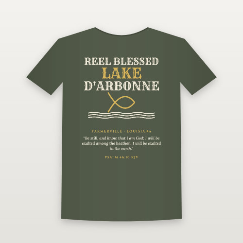 Reel Blessed · Lake D'Arbonne T-Shirt with Psalm 46:10 (Fish & Waves) - Military Green