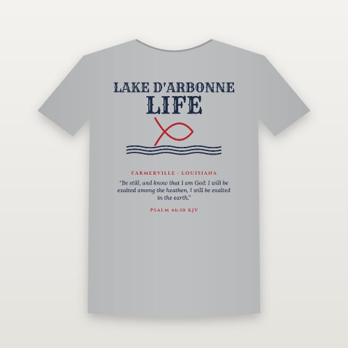 Lake D'Arbonne Life T-Shirt with Psalm 46:10 (Fish & Waves) - Heather Gray