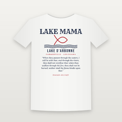 Lake Mama Lake D'Arbonne Short Sleeve Tee with Isaiah 43:2 (Fish & Waves) - White