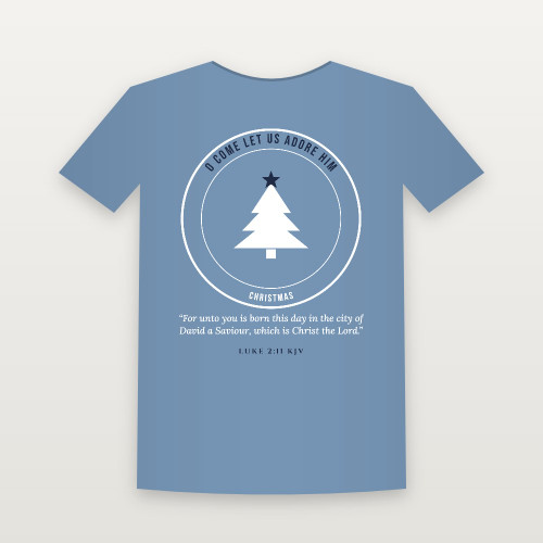 O Come Let Us Adore Him Christmas Christian Toddler Tee with Luke 2:11 (Emblem Badge) - Heather Blue