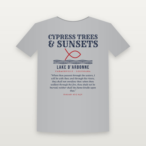 Cypress Trees & Sunsets Lake D'Arbonne T-Shirt with Isaiah 43:2 (Fish & Waves) - Heather Gray