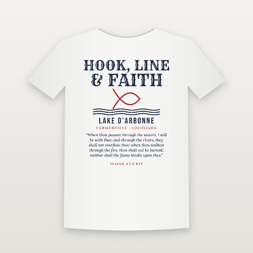 Hook, Line & Faith Lake D'Arbonne Short Sleeve Tee with Isaiah 43:2 (Fish & Waves) - White