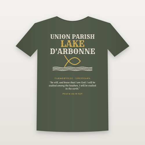 Union Parish · Lake D'Arbonne T-Shirt with Psalm 46:10 (Fish & Waves) - Military Green
