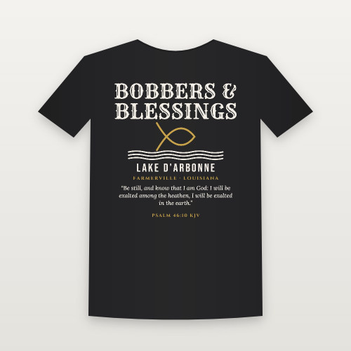 Bobbers & Blessings Lake D'Arbonne T-Shirt with Psalm 46:10 (Fish & Waves) - Black