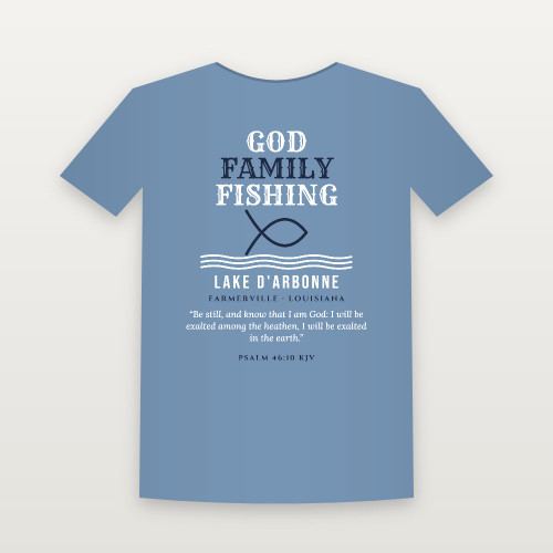 God · Family · Fishing Lake D'Arbonne Short Sleeve Tee with Psalm 46:10 (Fish & Waves) - Heather Blue