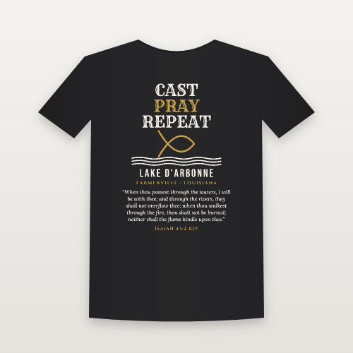 Cast · Pray · Repeat Lake D'Arbonne Short Sleeve Tee with Isaiah 43:2 (Fish & Waves) - Black