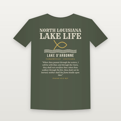 North Louisiana Lake Life Lake D'Arbonne Short Sleeve Tee with Isaiah 43:2 (Fish & Waves) - Military Green