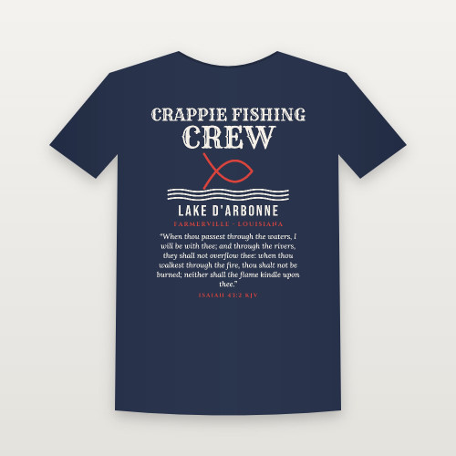 Crappie Fishing Crew Lake D'Arbonne Short Sleeve Tee with Isaiah 43:2 (Fish & Waves) - Navy