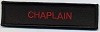 Flat-lay product photo of the Chaplain Patch Black With Red Letters embroidered iron-on biker patch, showing full color detail, lettering, and stitching, sold at Forever And Always Online.