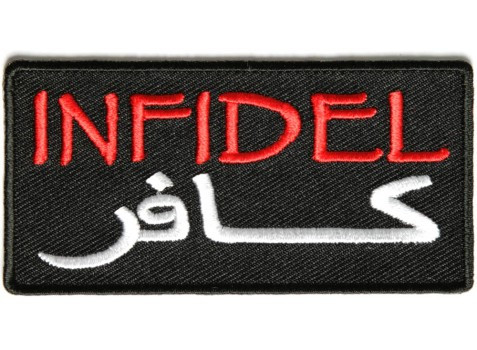 Product photo of INFIDEL in red in Arabic available at Forever And Always Online, Farmerville, Louisiana.