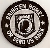 Flat-lay product photo of the Bring'em Home Or Send Us Back POW Patch embroidered iron-on biker patch, showing full color detail, lettering, and stitching, sold at Forever And Always Online.