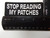 Flat-lay product photo of the STOP READING MY PATCHES embroidered iron-on biker patch, showing full color detail, lettering, and stitching, sold at Forever And Always Online.