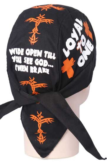 Product photo of the Loyal To One - Wide Open Till You See God then brake Christian Du Rag Skull Cap Bandanna Christian biker du rag and skull cap, showing the bold faith-based print design, available at Forever And Always in Farmerville, Louisiana.