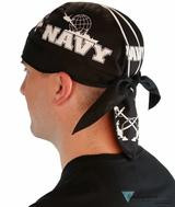 Product photo of the NAVY Du Rag Skull Cap Bandanna Christian biker du rag and skull cap, showing the bold faith-based print design, available at Forever And Always in Farmerville, Louisiana.