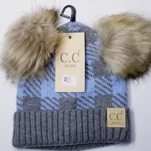 Product photo of the BABY C.C BEANIE BLACK/PALE BLUE baby beanie hat, showing the soft knit fabric, color, and pom pom detail, available at Forever And Always Online.