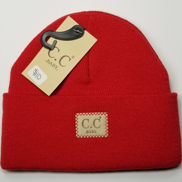 Product photo of the BABY C.C BEANIE RED baby beanie hat, showing the soft knit fabric, color, and pom pom detail, available at Forever And Always Online.