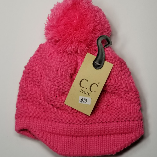 Product photo of the BABY C.C BEANIE w/BRIM CANDY PINK baby beanie hat, showing the soft knit fabric, color, and pom pom detail, available at Forever And Always Online.