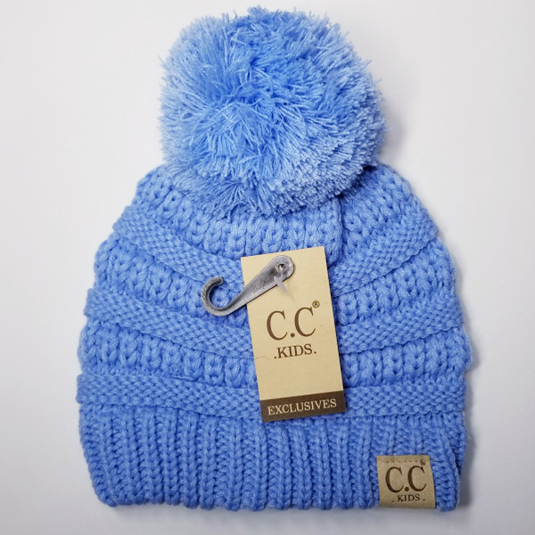 Product photo of the KIDS POM POM BEANIE PALE BLUE baby beanie hat, showing the soft knit fabric, color, and pom pom detail, available at Forever And Always Online.