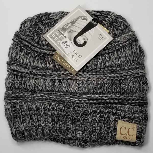 Product photo of the KIDS C.C MESSY BUN BEANIE G/BLK/WHT baby beanie hat, showing the soft knit fabric, color, and pom pom detail, available at Forever And Always Online.