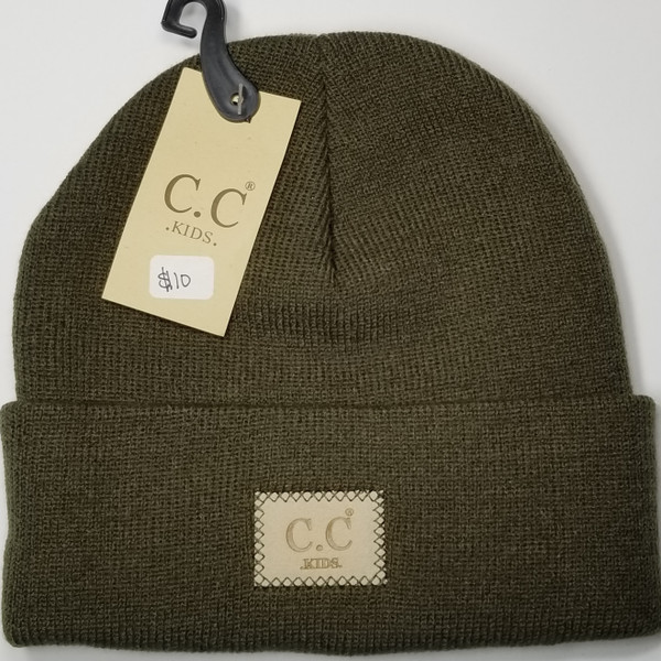 Product photo of the KIDS C.C BEANIE NEW OLIVE baby beanie hat, showing the soft knit fabric, color, and pom pom detail, available at Forever And Always Online.