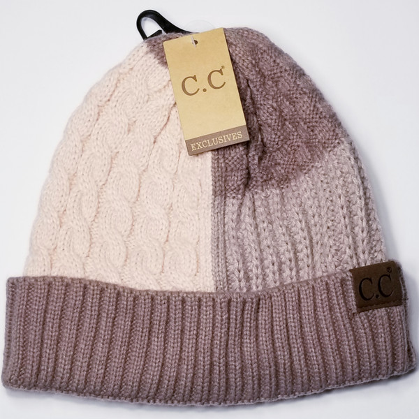 Product photo of the C.C BEANIE ROSE/TAUPE baby beanie hat, showing the soft knit fabric, color, and pom pom detail, available at Forever And Always Online.