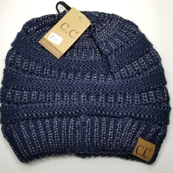 Product photo of the C.C BEANIE METALLIC NAVY baby beanie hat, showing the soft knit fabric, color, and pom pom detail, available at Forever And Always Online.