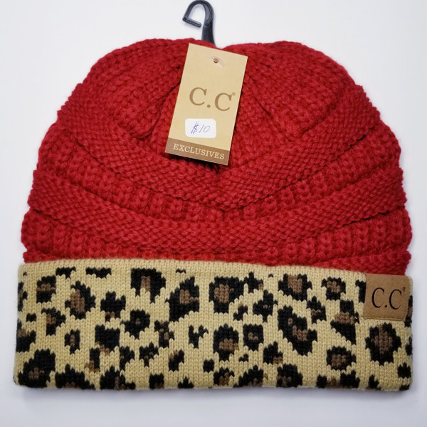 Product photo of the C.C BEANIE RED/LEOPARD CUFF baby beanie hat, showing the soft knit fabric, color, and pom pom detail, available at Forever And Always Online.