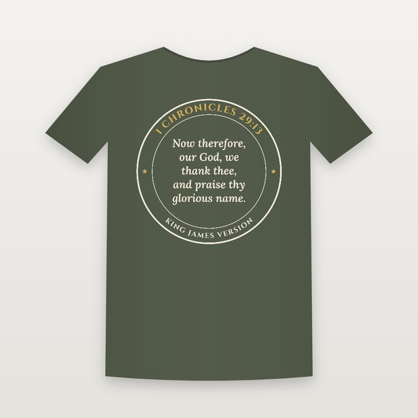 1 Chronicles 29:13 KJV Christian Women's Relaxed Tee (Round Badge) - Military Green