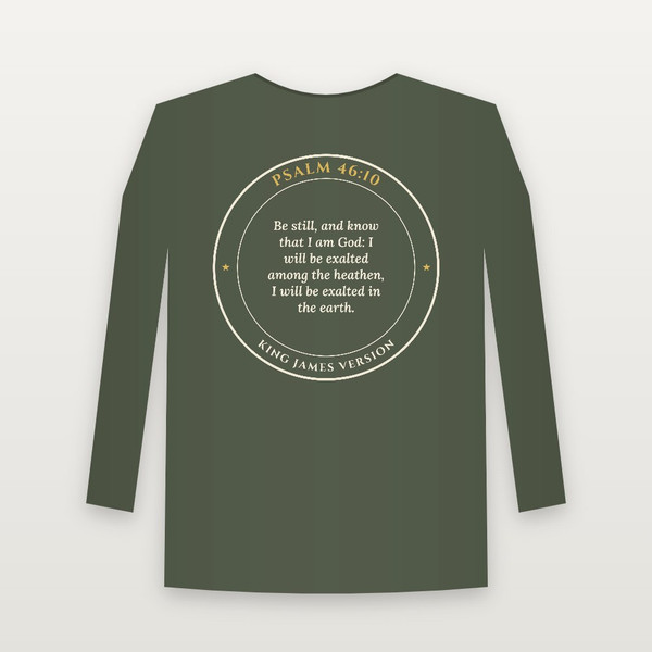 Psalm 46:10 KJV Christian Long Sleeve Tee (Round Badge) - Military Green