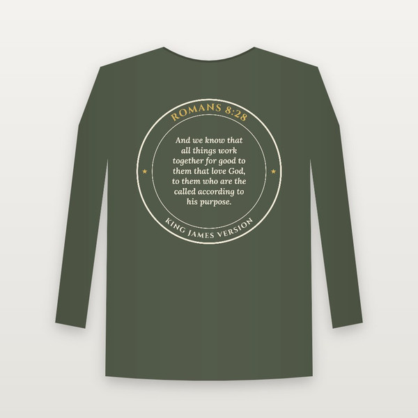 Romans 8:28 KJV Christian Long Sleeve Tee (Round Badge) - Military Green
