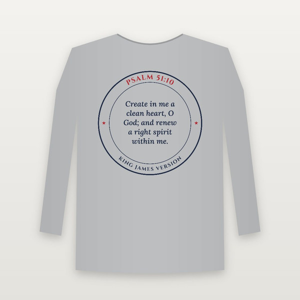Psalm 51:10 KJV Christian Long Sleeve Tee (Round Badge) - Heather Gray