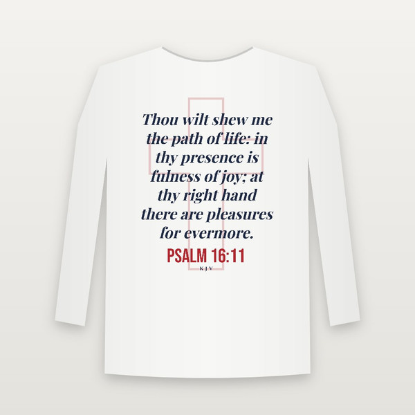Psalm 16:11 KJV Christian Long Sleeve Tee (Cross) - White