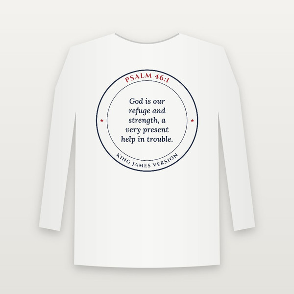 Psalm 46:1 KJV Christian Long Sleeve Tee (Round Badge) - White
