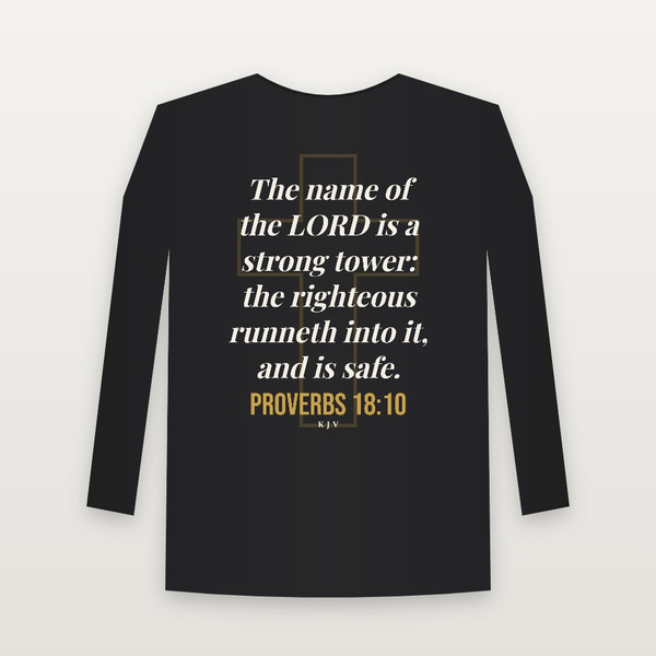 Proverbs 18:10 KJV Christian Long Sleeve Tee (Cross) - Black