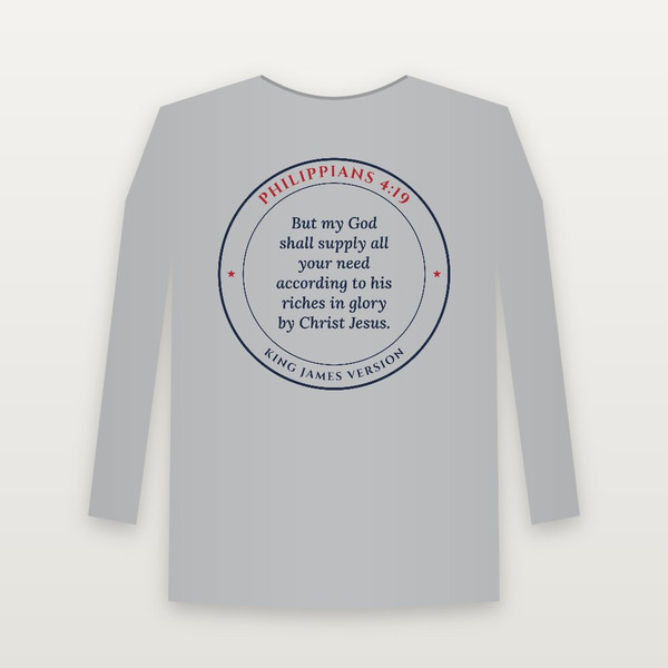 Philippians 4:19 KJV Christian Long Sleeve Tee (Round Badge) - Heather Gray