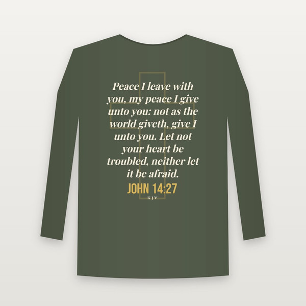John 14:27 KJV Christian Long Sleeve Tee (Cross) - Military Green