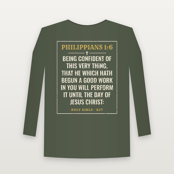 Philippians 1:6 KJV Christian Long Sleeve Tee (Vintage) - Military Green