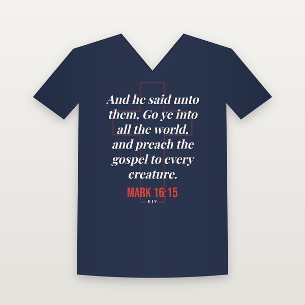 Mark 16:15 KJV Christian V-Neck Tee (Cross) - Navy