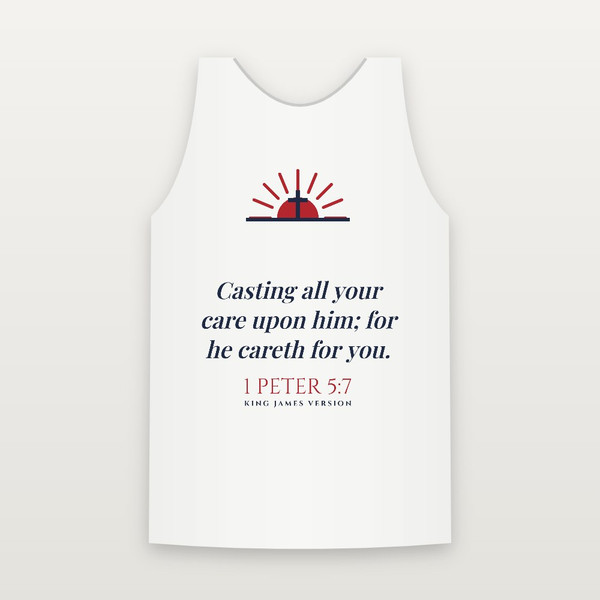 1 Peter 5:7 KJV Christian Tank Top (Sunrise) - White