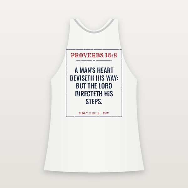 Proverbs 16:9 KJV Christian Women's Racerback Tank (Vintage) - White